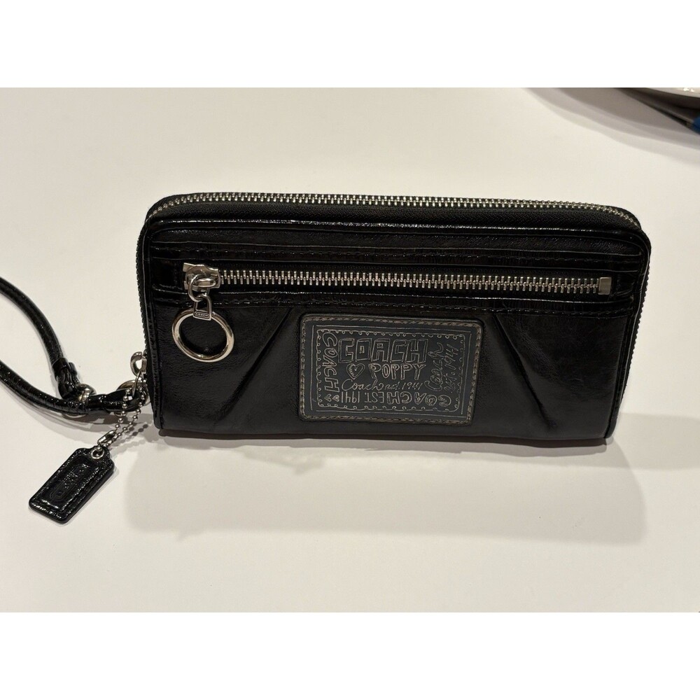 Coach Poppy Black Patent Zip-Around Wallet Wristlet featuring